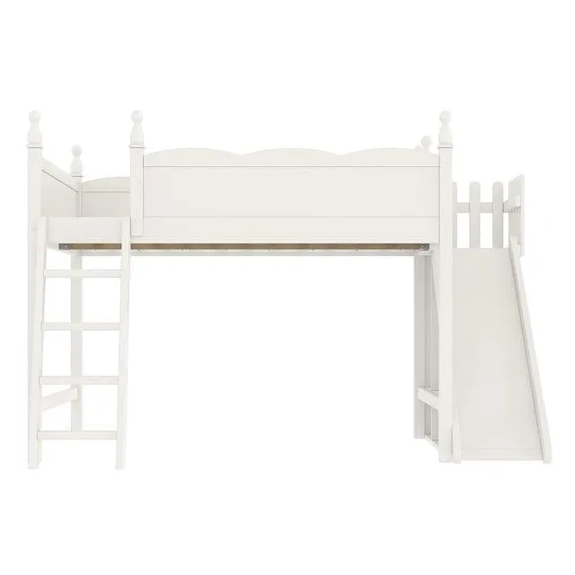 Alt view image 7 of 7 - Kids Loft Bed with Slide and Storage Shelves, Pine Wood Loft Bed with Wardrobe for Boys Girls, Queen Size, Beige
