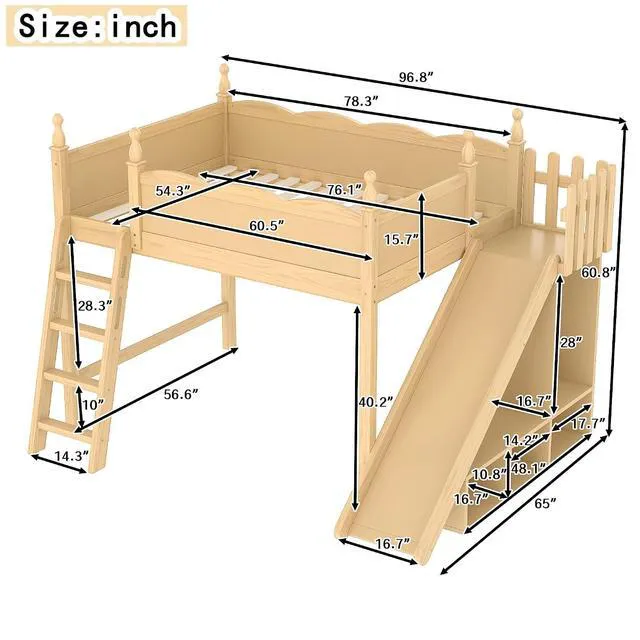 Alt view image 2 of 7 - Kids Loft Bed with Slide and Storage Shelves, Pine Wood Loft Bed with Wardrobe for Boys Girls, Full Size, Natural