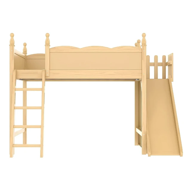 Alt view image 4 of 7 - Kids Loft Bed with Slide and Storage Shelves, Pine Wood Loft Bed with Wardrobe for Boys Girls, Full Size, Natural