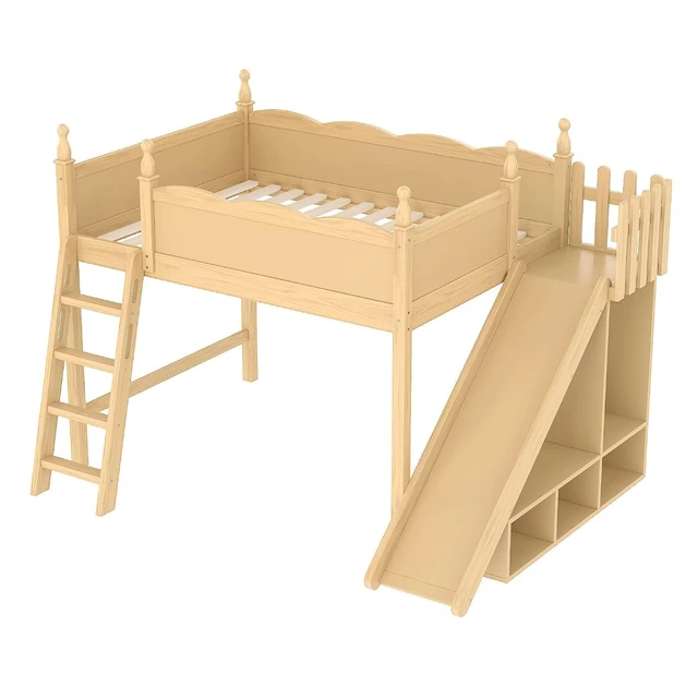 Alt view image 5 of 7 - Kids Loft Bed with Slide and Storage Shelves, Pine Wood Loft Bed with Wardrobe for Boys Girls, Full Size, Natural