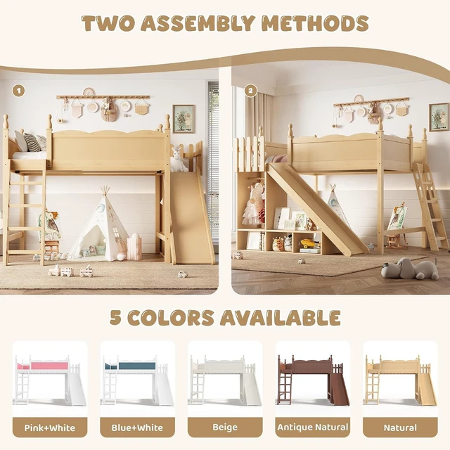 Alt view image 3 of 7 - Kids Loft Bed with Slide and Storage Shelves, Pine Wood Loft Bed with Wardrobe for Boys Girls, Full Size, Natural