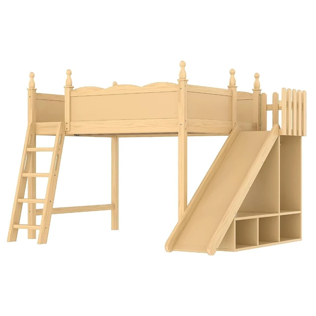 Alt view image 6 of 7 - Kids Loft Bed with Slide and Storage Shelves, Pine Wood Loft Bed with Wardrobe for Boys Girls, Full Size, Natural