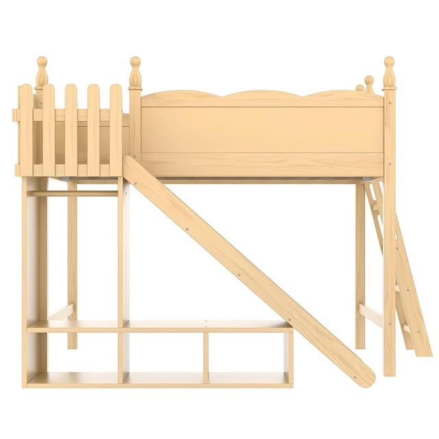 Alt view image 7 of 7 - Kids Loft Bed with Slide and Storage Shelves, Pine Wood Loft Bed with Wardrobe for Boys Girls, Full Size, Natural