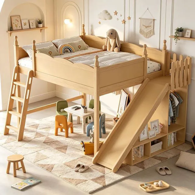 Main image of Kids Loft Bed with Slide and Storage Shelves, Pine Wood Loft Bed with Wardrobe for Boys Girls, Queen Size, Natural