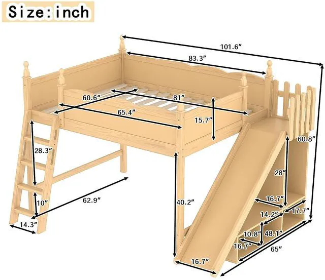 Alt view image 2 of 7 - Kids Loft Bed with Slide and Storage Shelves, Pine Wood Loft Bed with Wardrobe for Boys Girls, Queen Size, Natural