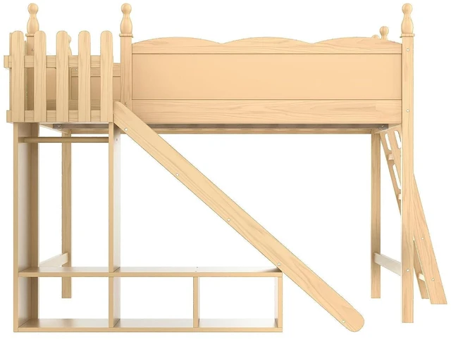 Alt view image 4 of 7 - Kids Loft Bed with Slide and Storage Shelves, Pine Wood Loft Bed with Wardrobe for Boys Girls, Queen Size, Natural