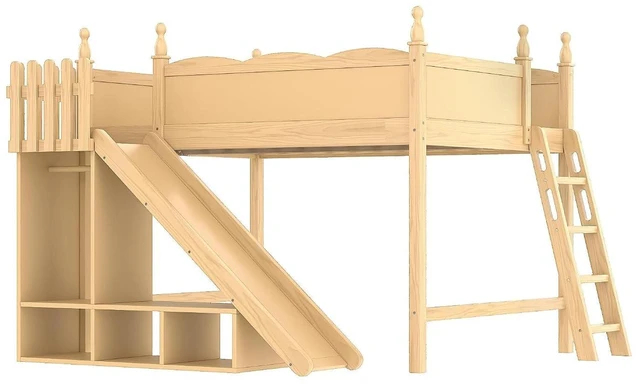 Alt view image 5 of 7 - Kids Loft Bed with Slide and Storage Shelves, Pine Wood Loft Bed with Wardrobe for Boys Girls, Queen Size, Natural
