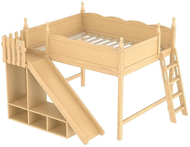 Alt view image 6 of 7 - Kids Loft Bed with Slide and Storage Shelves, Pine Wood Loft Bed with Wardrobe for Boys Girls, Queen Size, Natural