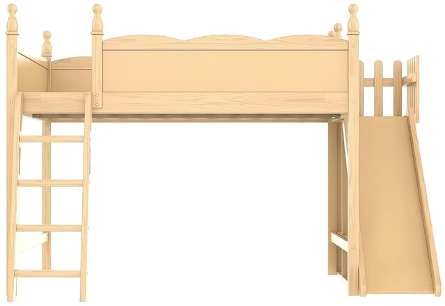 Alt view image 7 of 7 - Kids Loft Bed with Slide and Storage Shelves, Pine Wood Loft Bed with Wardrobe for Boys Girls, Queen Size, Natural