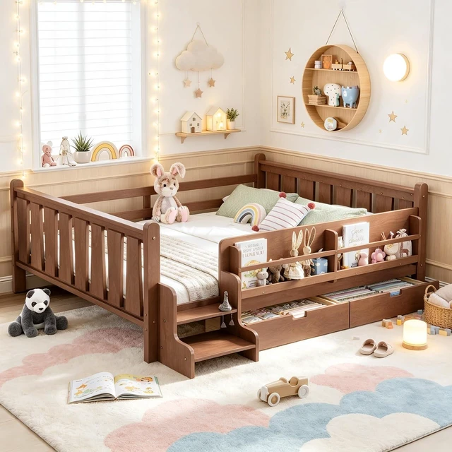 Main image of Kids Low Bed with Guardrails and 2 Drawers, Montessori Floor Bed with Storage Bookcases and Stairs for Girls Boys, Queen Size, Natural