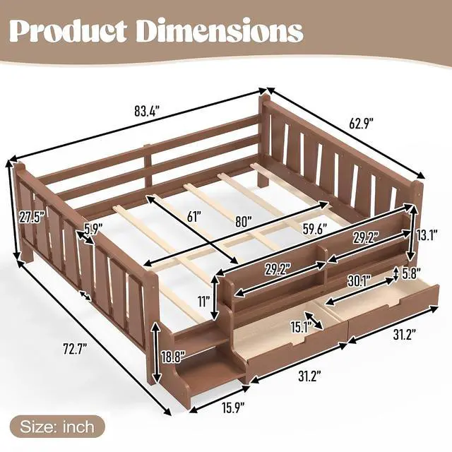 Alt view image 2 of 7 - Kids Low Bed with Guardrails and 2 Drawers, Montessori Floor Bed with Storage Bookcases and Stairs for Girls Boys, Queen Size, Natural