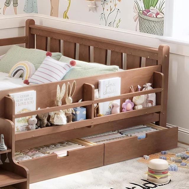 Alt view image 3 of 7 - Kids Low Bed with Guardrails and 2 Drawers, Montessori Floor Bed with Storage Bookcases and Stairs for Girls Boys, Queen Size, Natural
