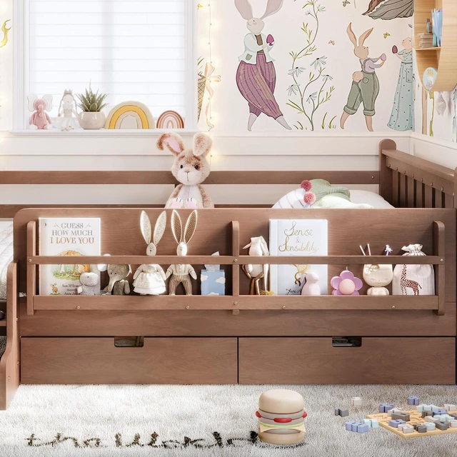 Alt view image 5 of 7 - Kids Low Bed with Guardrails and 2 Drawers, Montessori Floor Bed with Storage Bookcases and Stairs for Girls Boys, Queen Size, Natural