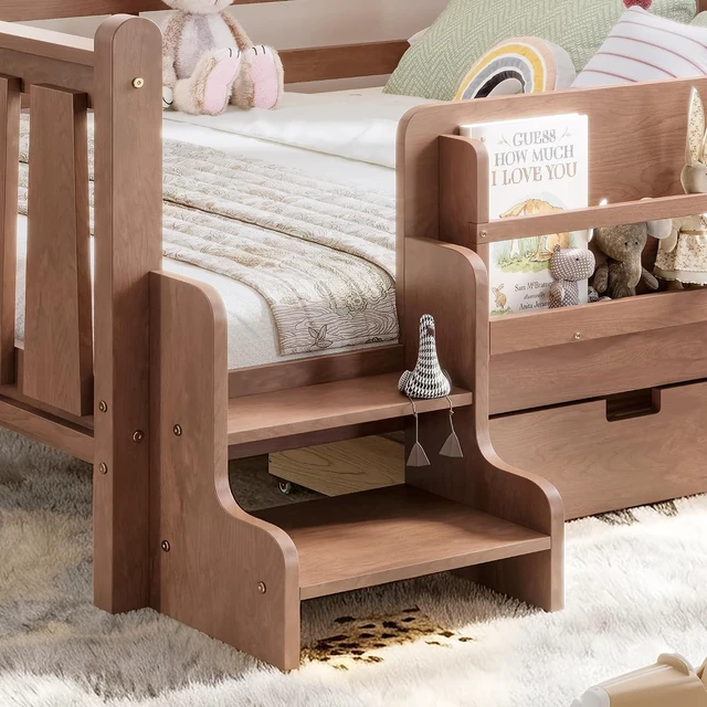 Alt view image 4 of 7 - Kids Low Bed with Guardrails and 2 Drawers, Montessori Floor Bed with Storage Bookcases and Stairs for Girls Boys, Queen Size, Natural