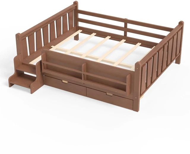 Alt view image 7 of 7 - Kids Low Bed with Guardrails and 2 Drawers, Montessori Floor Bed with Storage Bookcases and Stairs for Girls Boys, Queen Size, Natural