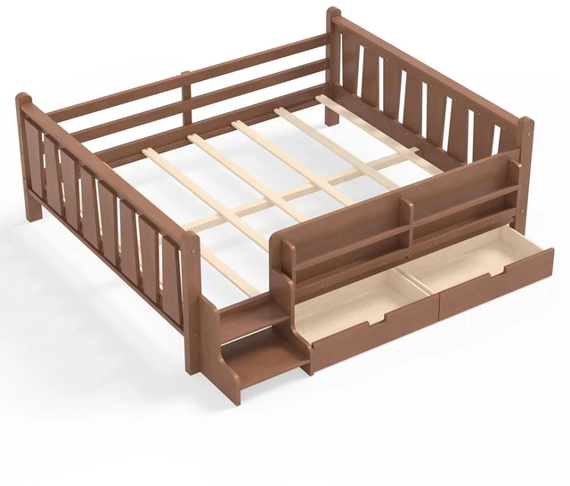 Alt view image 6 of 7 - Kids Low Bed with Guardrails and 2 Drawers, Montessori Floor Bed with Storage Bookcases and Stairs for Girls Boys, Queen Size, Natural