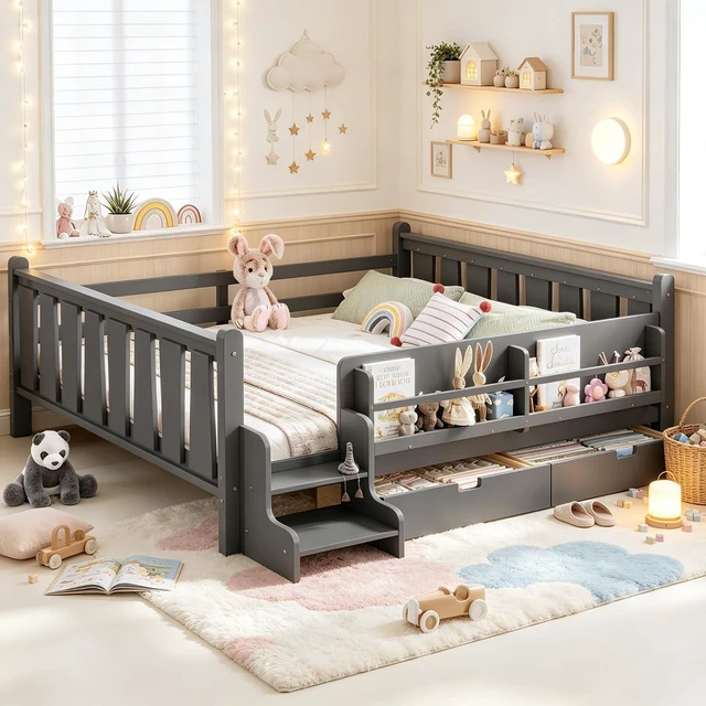 Main image of Kids Low Bed with Guardrails and 2 Drawers, Montessori Floor Bed with Storage Bookcases and Stairs for Girls Boys, Queen Size, Gray