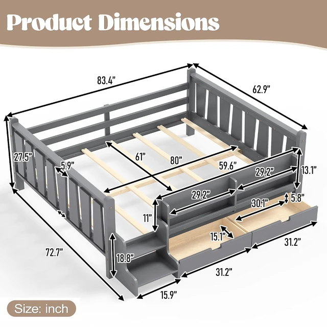 Alt view image 2 of 7 - Kids Low Bed with Guardrails and 2 Drawers, Montessori Floor Bed with Storage Bookcases and Stairs for Girls Boys, Queen Size, Gray