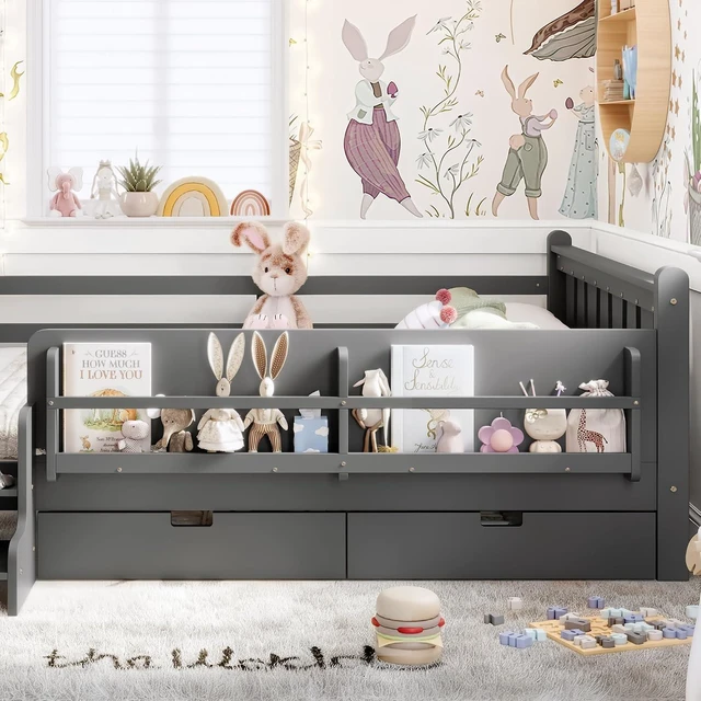 Alt view image 3 of 7 - Kids Low Bed with Guardrails and 2 Drawers, Montessori Floor Bed with Storage Bookcases and Stairs for Girls Boys, Queen Size, Gray