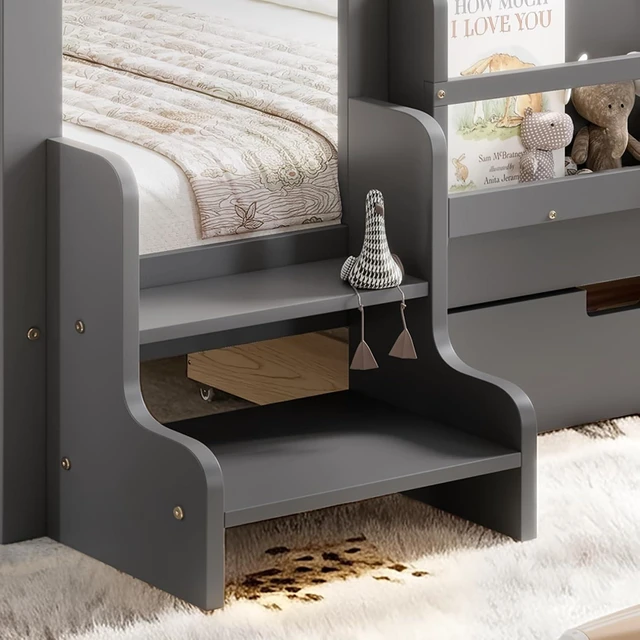 Alt view image 4 of 7 - Kids Low Bed with Guardrails and 2 Drawers, Montessori Floor Bed with Storage Bookcases and Stairs for Girls Boys, Queen Size, Gray