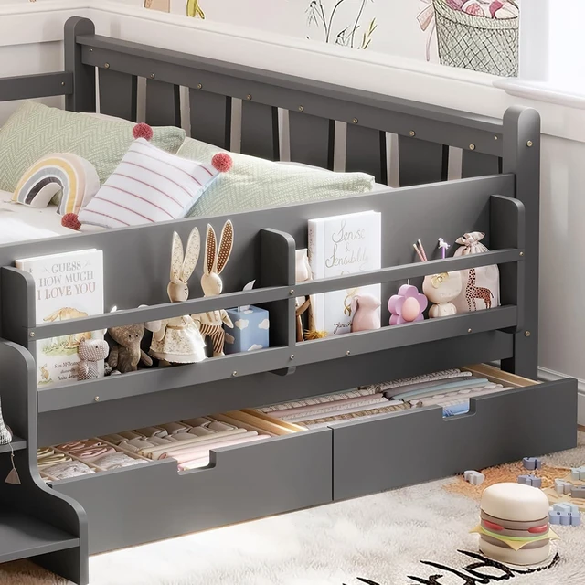 Alt view image 5 of 7 - Kids Low Bed with Guardrails and 2 Drawers, Montessori Floor Bed with Storage Bookcases and Stairs for Girls Boys, Queen Size, Gray