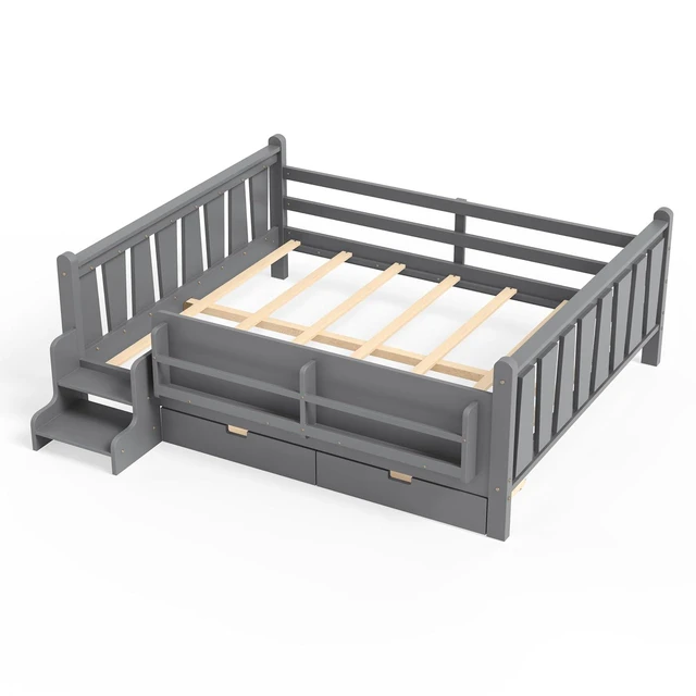 Alt view image 6 of 7 - Kids Low Bed with Guardrails and 2 Drawers, Montessori Floor Bed with Storage Bookcases and Stairs for Girls Boys, Queen Size, Gray