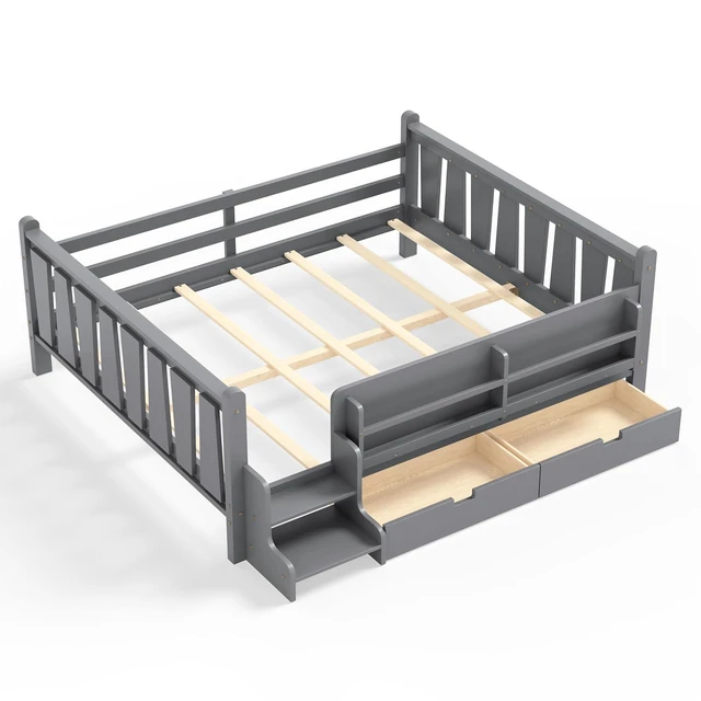 Alt view image 7 of 7 - Kids Low Bed with Guardrails and 2 Drawers, Montessori Floor Bed with Storage Bookcases and Stairs for Girls Boys, Queen Size, Gray