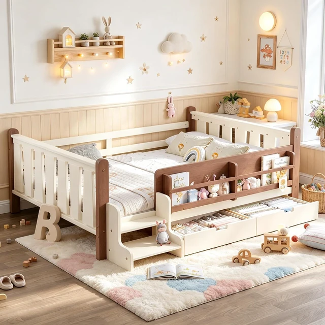 Main image of Kids Low Bed with Guardrails and 2 Drawers, Montessori Floor Bed with Storage Bookcases and Stairs for Girls Boys, Full Size, Beige