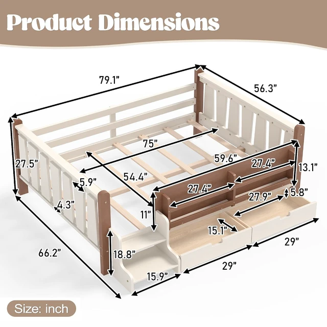 Alt view image 2 of 7 - Kids Low Bed with Guardrails and 2 Drawers, Montessori Floor Bed with Storage Bookcases and Stairs for Girls Boys, Full Size, Beige