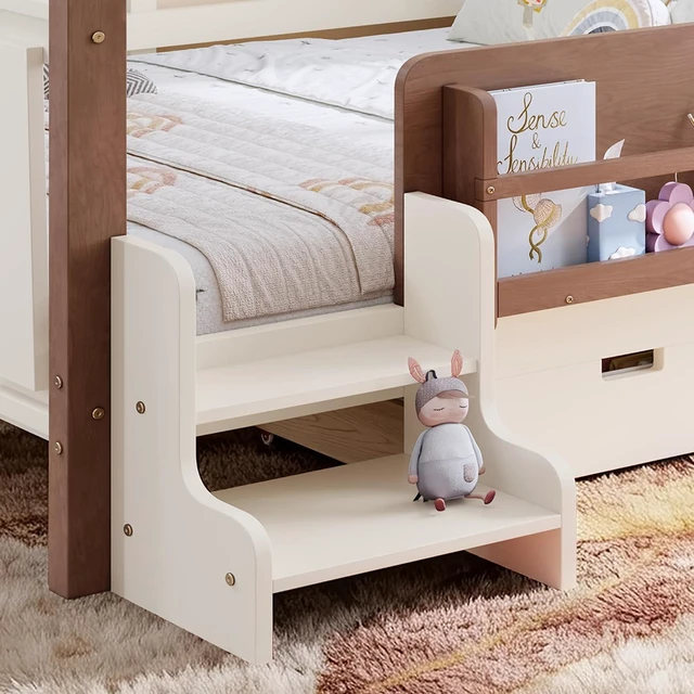 Alt view image 4 of 7 - Kids Low Bed with Guardrails and 2 Drawers, Montessori Floor Bed with Storage Bookcases and Stairs for Girls Boys, Full Size, Beige