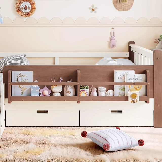 Alt view image 3 of 7 - Kids Low Bed with Guardrails and 2 Drawers, Montessori Floor Bed with Storage Bookcases and Stairs for Girls Boys, Full Size, Beige