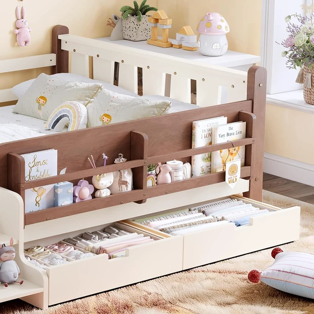 Alt view image 5 of 7 - Kids Low Bed with Guardrails and 2 Drawers, Montessori Floor Bed with Storage Bookcases and Stairs for Girls Boys, Full Size, Beige