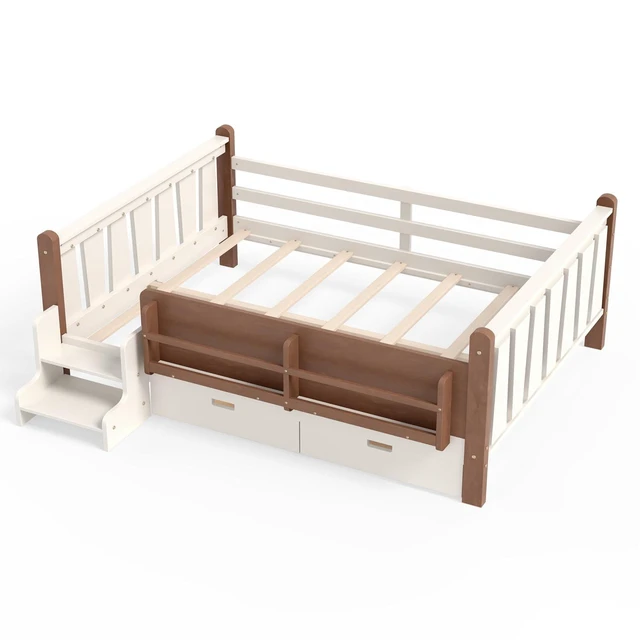 Alt view image 7 of 7 - Kids Low Bed with Guardrails and 2 Drawers, Montessori Floor Bed with Storage Bookcases and Stairs for Girls Boys, Full Size, Beige