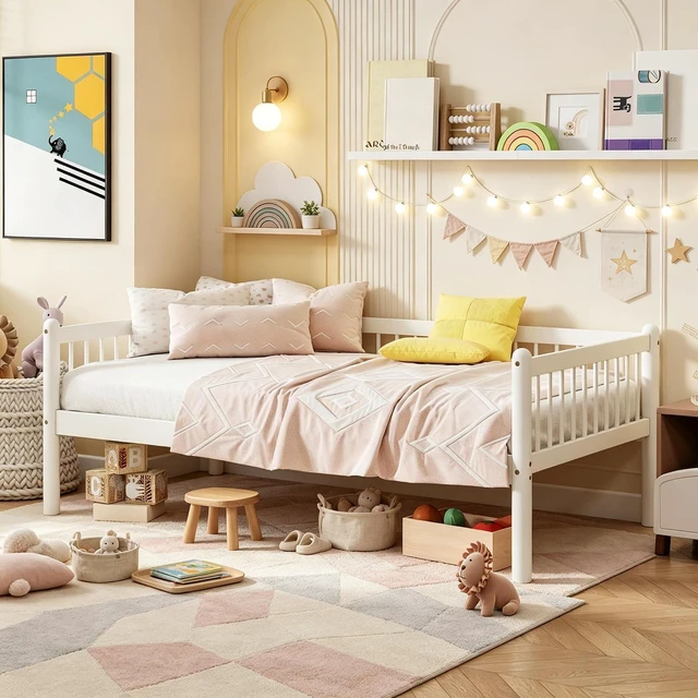 Main image of Solid Wood Daybed with Under Bed Storage and Guardrails for Living Room, Sofa Daybed for Kids Guest Room, Twin Size, White