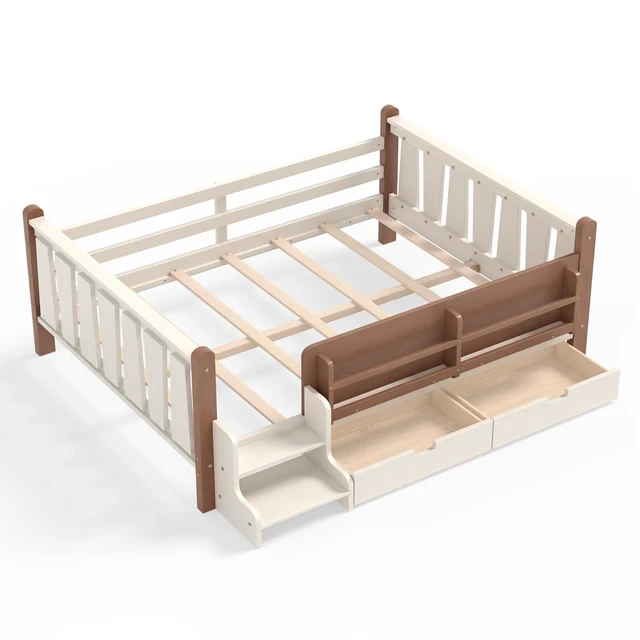 Alt view image 6 of 7 - Kids Low Bed with Guardrails and 2 Drawers, Montessori Floor Bed with Storage Bookcases and Stairs for Girls Boys, Full Size, Beige