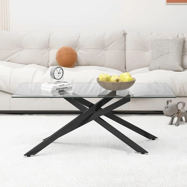 Alt view image 3 of 7 - 47.2" Rectangular Glass Center Table with Cross Design, Black