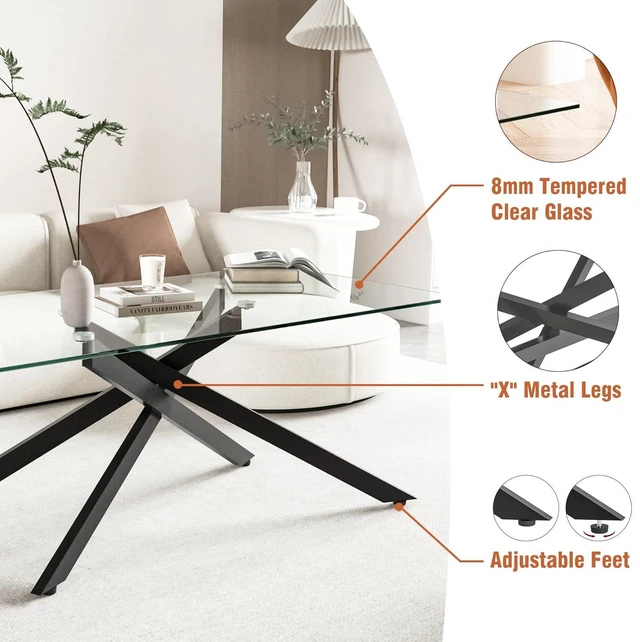 Alt view image 4 of 7 - 47.2" Rectangular Glass Center Table with Cross Design, Black