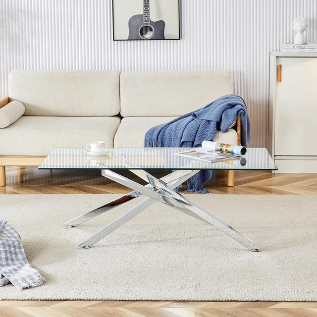 Main image of 47.2" Rectangular Glass Center Table with Cross Design, Silver
