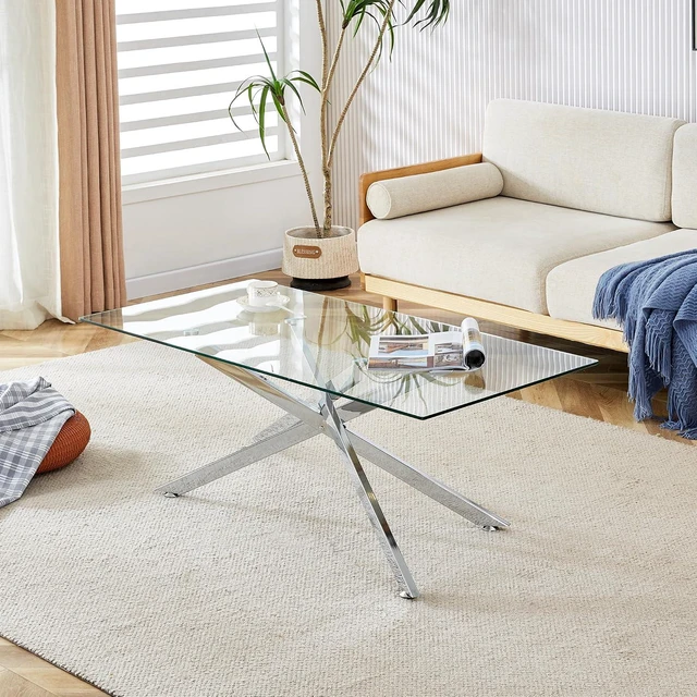 Alt view image 3 of 7 - 47.2" Rectangular Glass Center Table with Cross Design, Silver