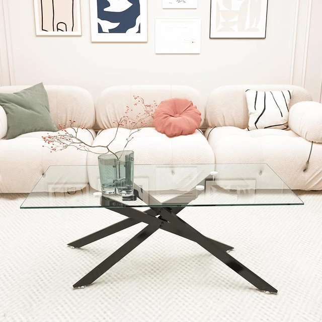 Main image of 39.37" Rectangular Glass Center Table with Cross Design, Black