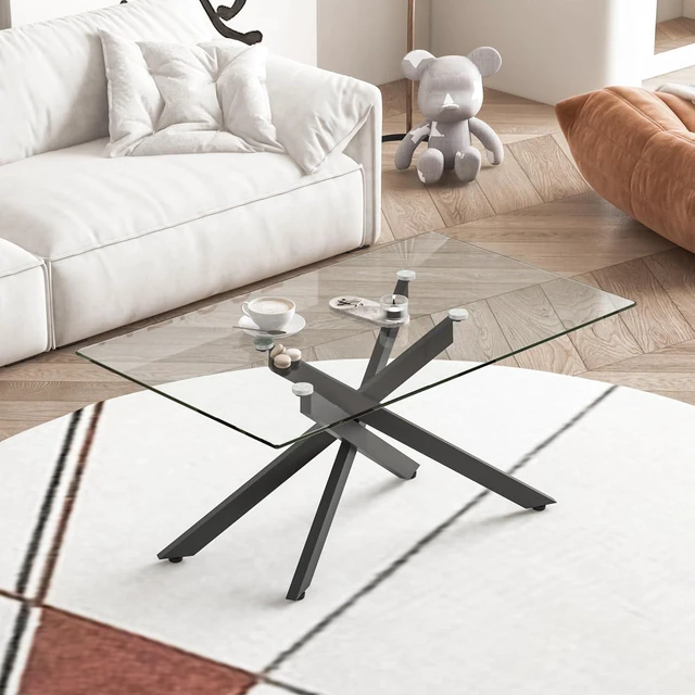 Alt view image 3 of 7 - 39.37" Rectangular Glass Center Table with Cross Design, Black