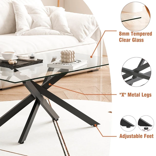 Alt view image 4 of 7 - 39.37" Rectangular Glass Center Table with Cross Design, Black