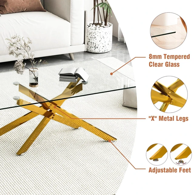 Alt view image 3 of 7 - 39.37" Rectangular Glass Center Table with Cross Design, Golden