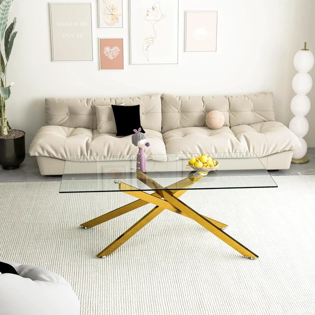 Alt view image 3 of 7 - 47.2" Rectangular Glass Center Table with Cross Design, Golden