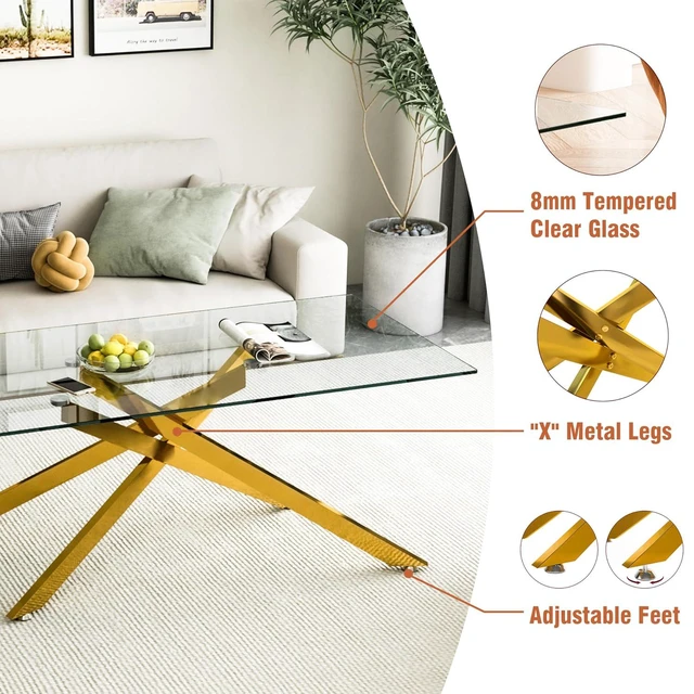 Alt view image 4 of 7 - 47.2" Rectangular Glass Center Table with Cross Design, Golden