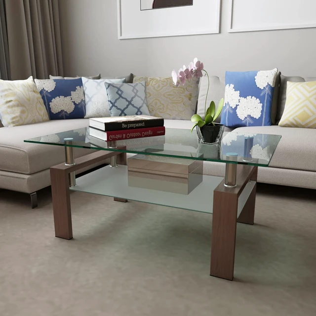 Alt view image 3 of 7 - 2 Tier Glass Coffee Table with Storage Shelf, Walnut