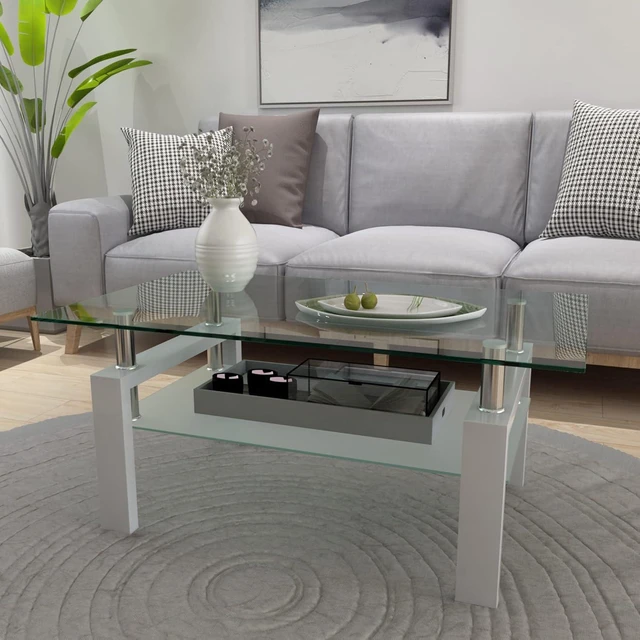 Alt view image 3 of 7 - 2 Tier Glass Coffee Table with Storage Shelf, White