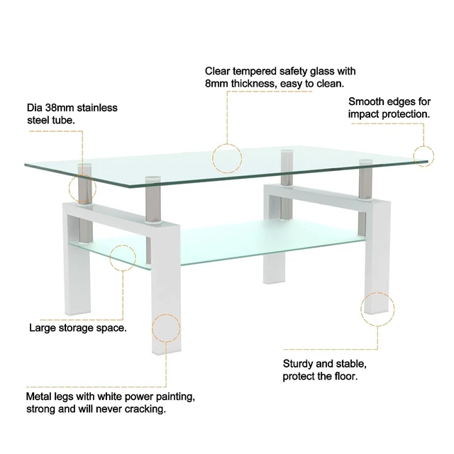 Alt view image 4 of 7 - 2 Tier Glass Coffee Table with Storage Shelf, White