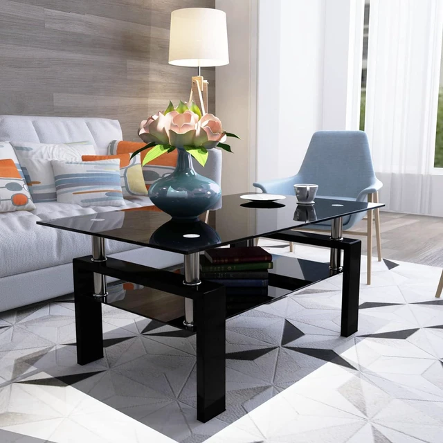 Alt view image 3 of 7 - 2 Tier Glass Coffee Table with Storage Shelf, Black