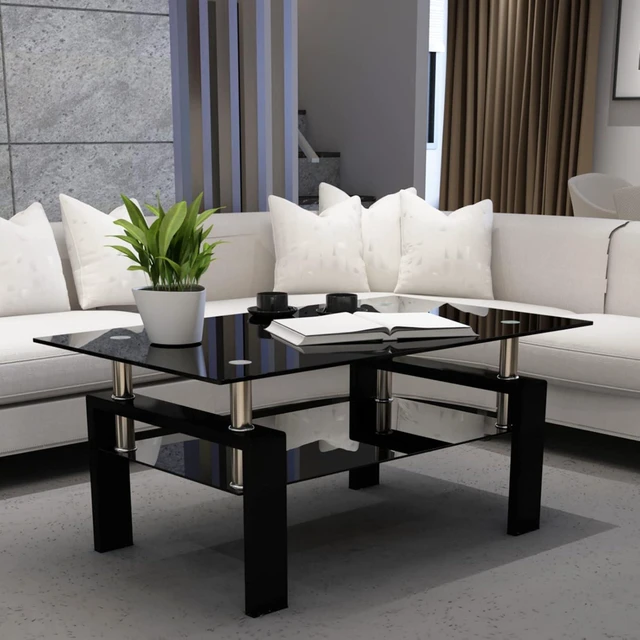 Alt view image 4 of 7 - 2 Tier Glass Coffee Table with Storage Shelf, Black